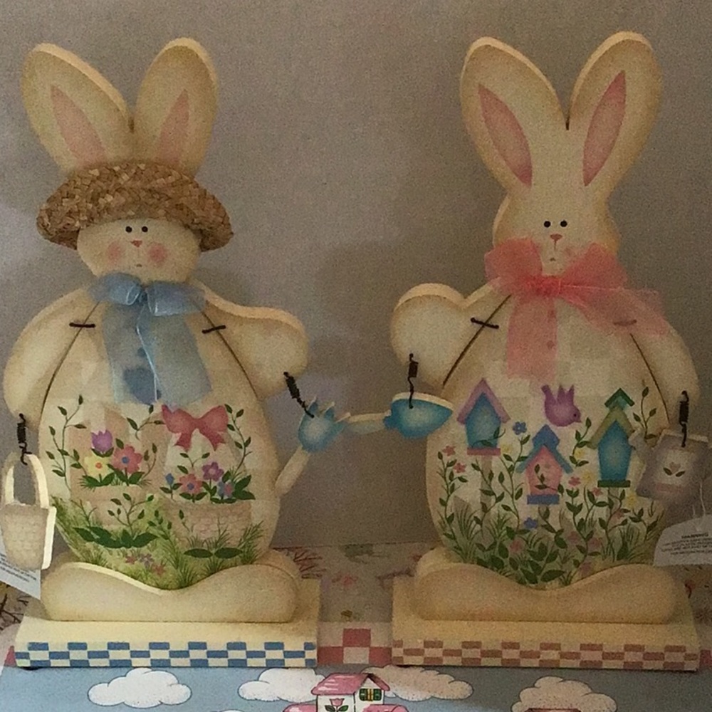 Set of 2 Wooden Easter Bunnies, New